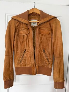 Bershka Women's Cognac Brown Leather Bomber Jacket